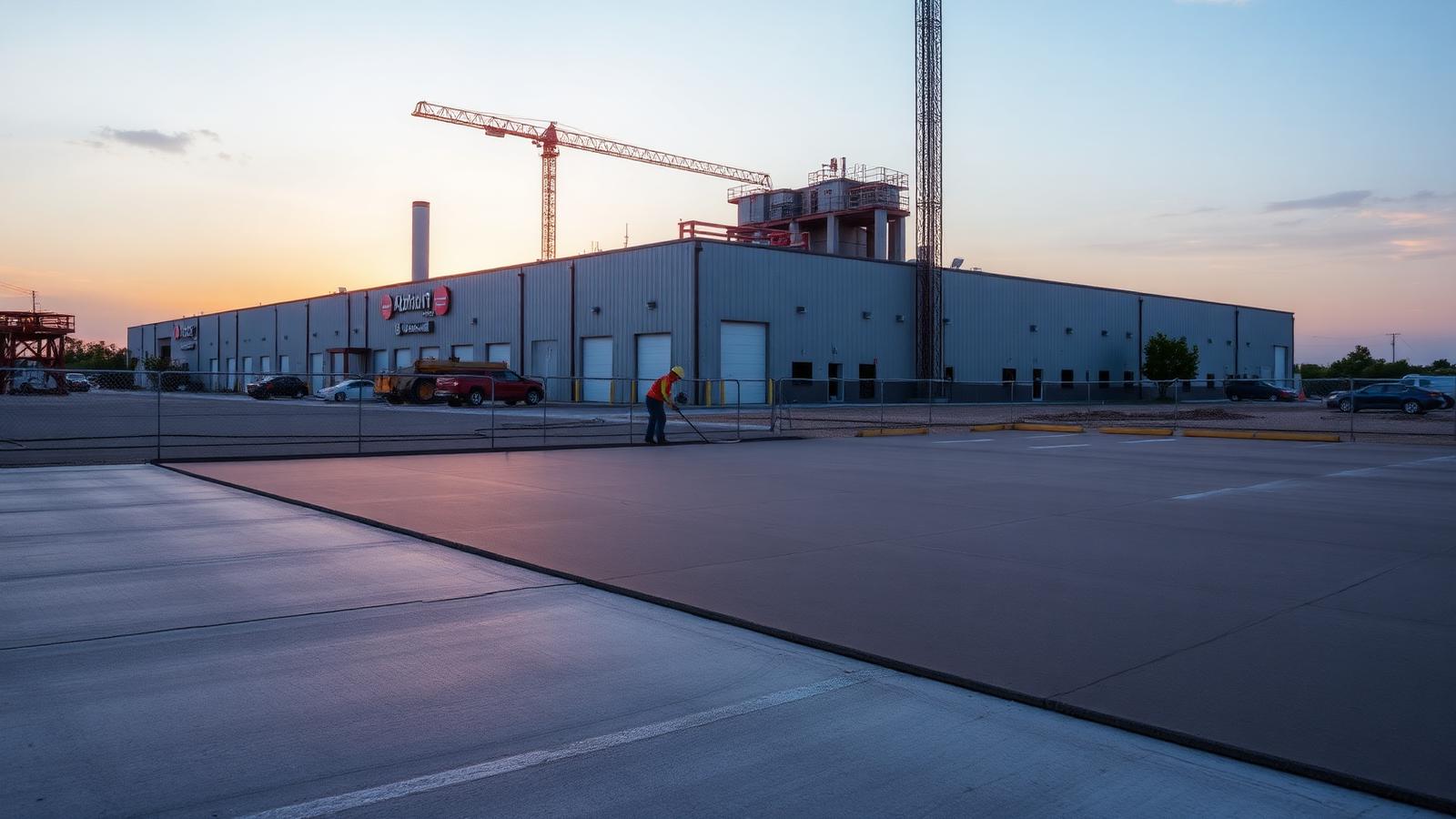 Commercial concrete parking lot being poured and finished by a crew in San Antonio