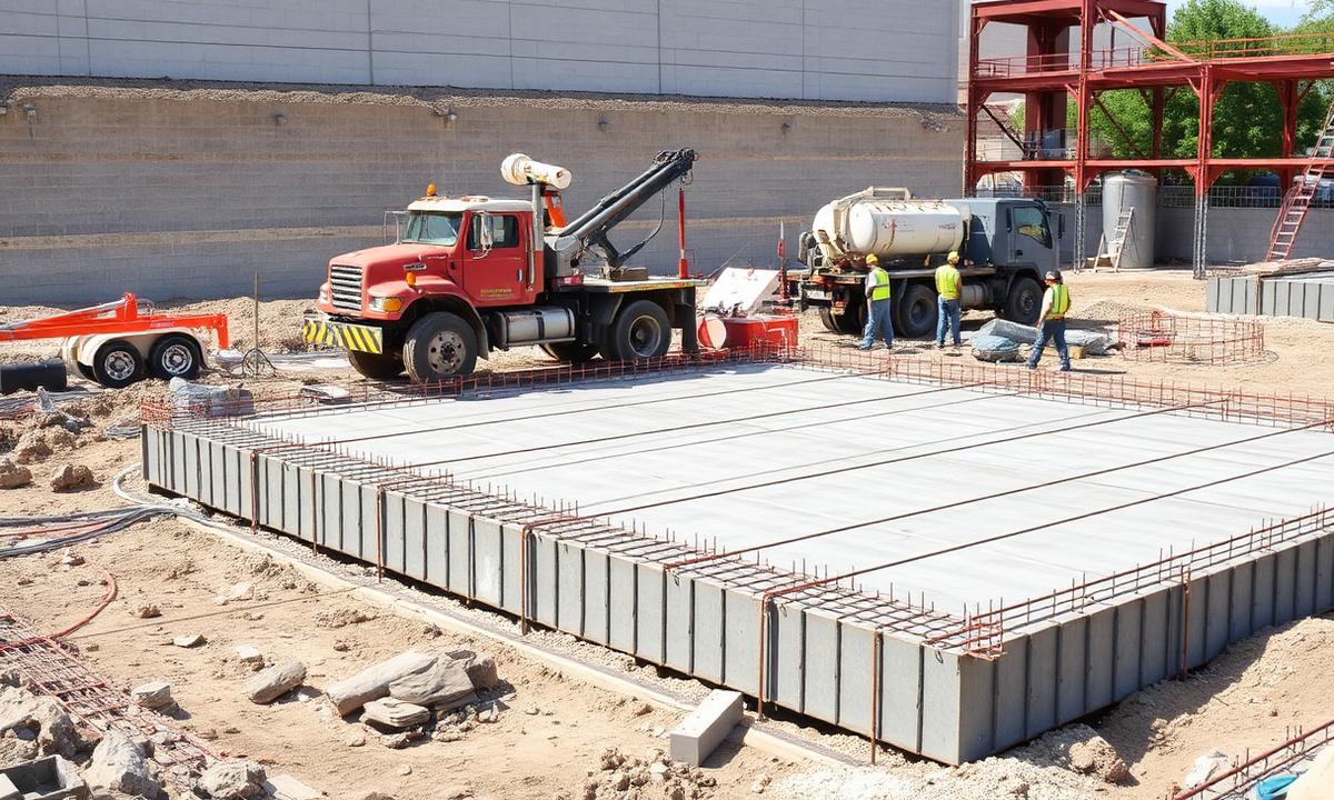 Commercial concrete foundation slab with rebar grid being poured for a building