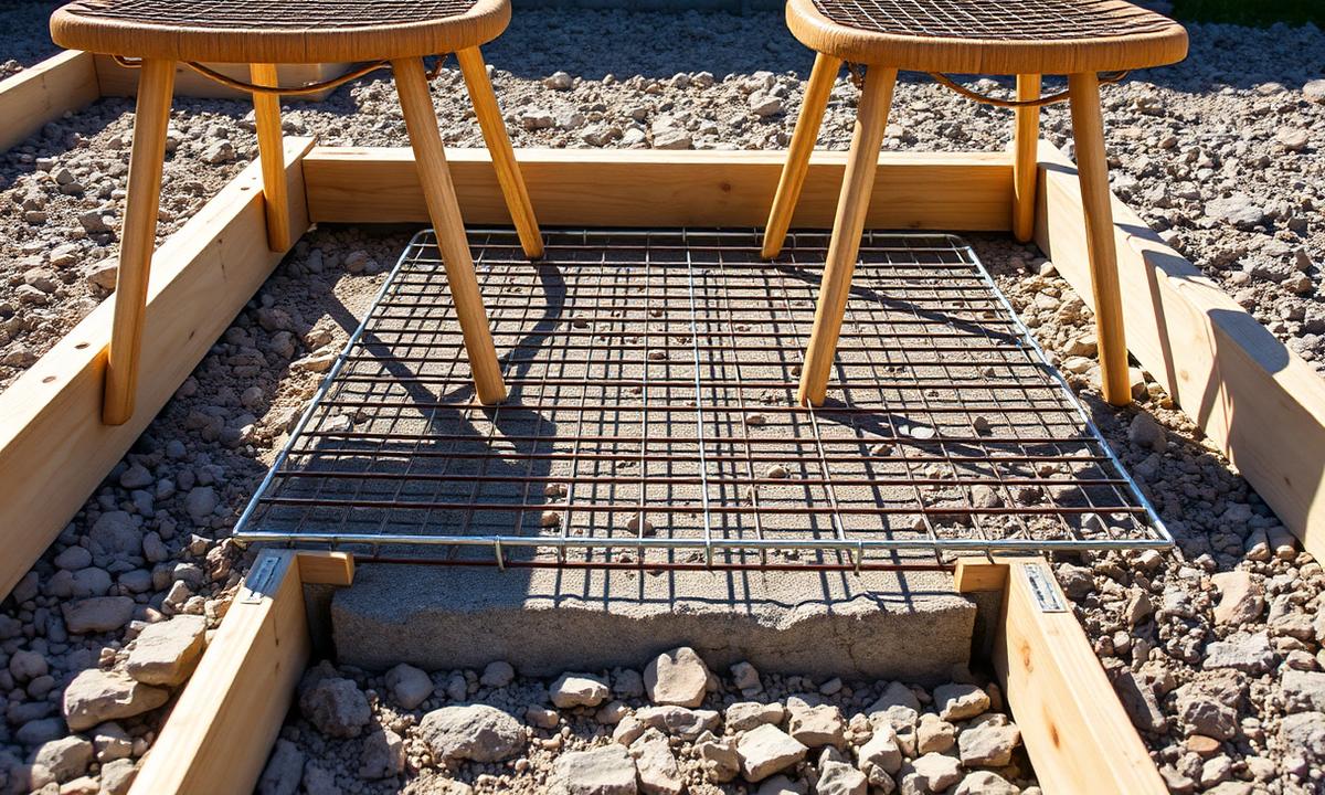 Rebar grid on chairs over compacted limestone base inside driveway forms