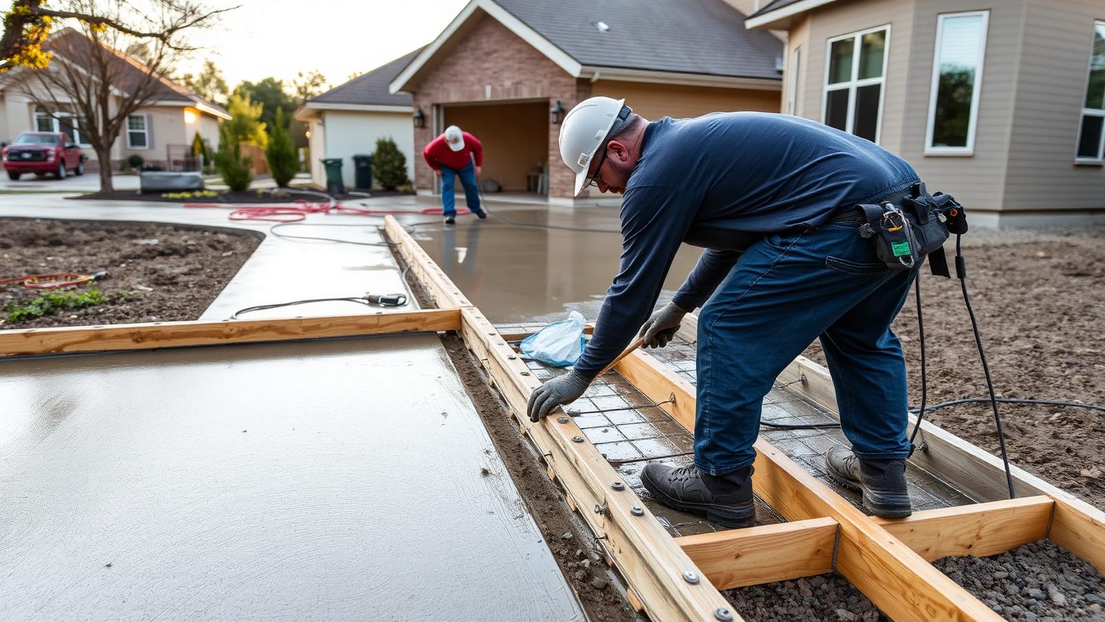 Concrete crew screeding a fresh driveway pour between wooden forms in San Antonio