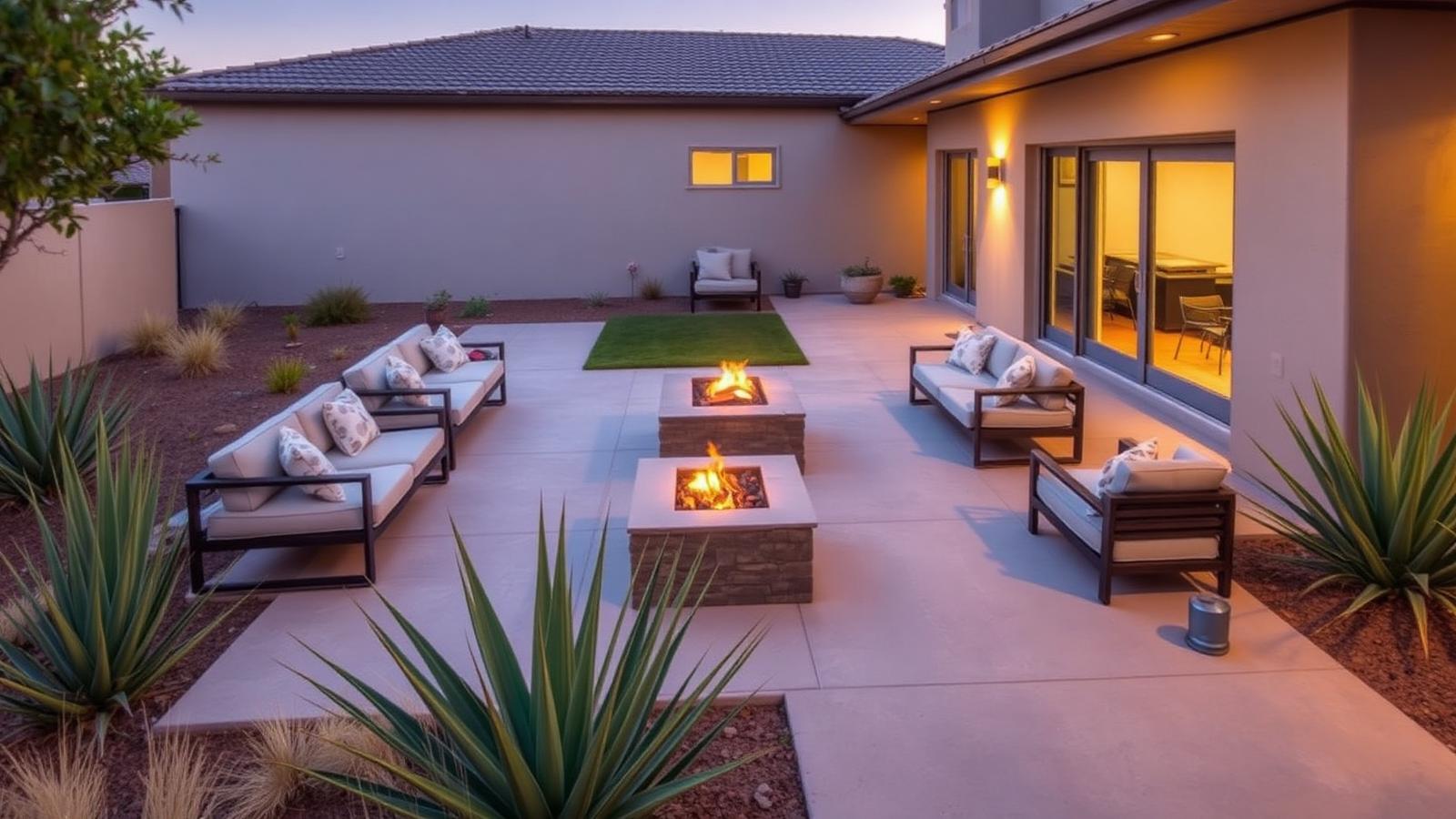 Modern concrete backyard patio with fire pit and Texas landscaping at dusk