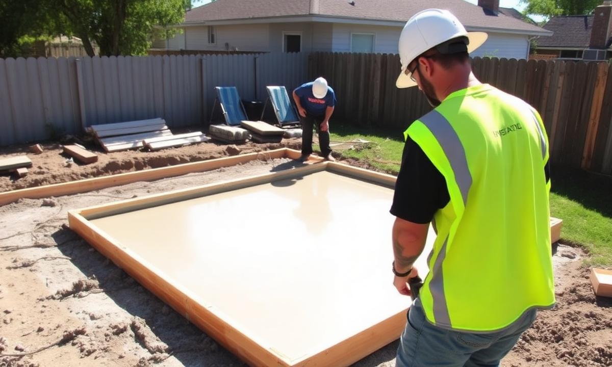 Workers pouring and floating a fresh concrete patio slab in a suburban backyard