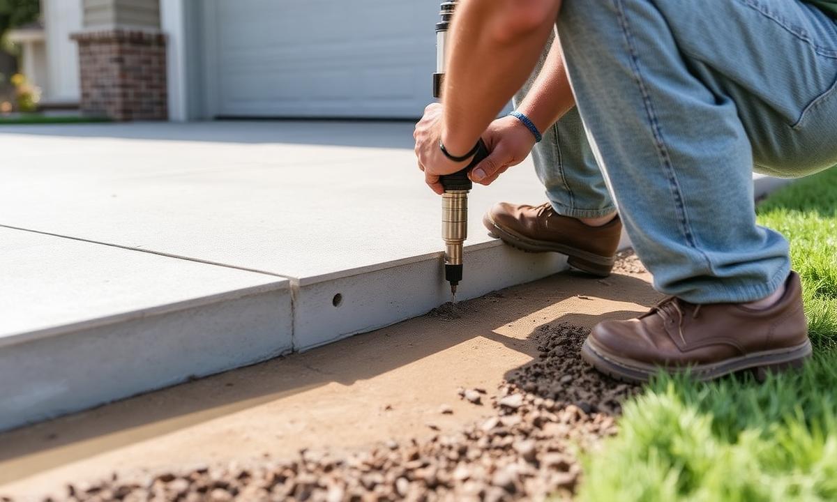 Polyurethane foam concrete leveling injection at a driveway seam