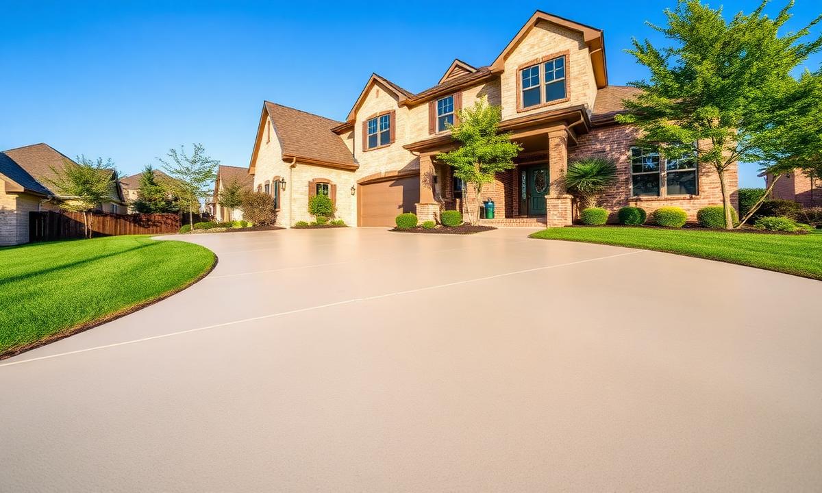 Freshly poured smooth broom-finish concrete driveway at a two-story Texas home