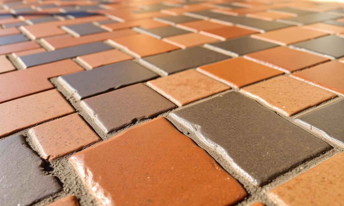 Close-up of finished stained and stamped concrete in terracotta and charcoal tones